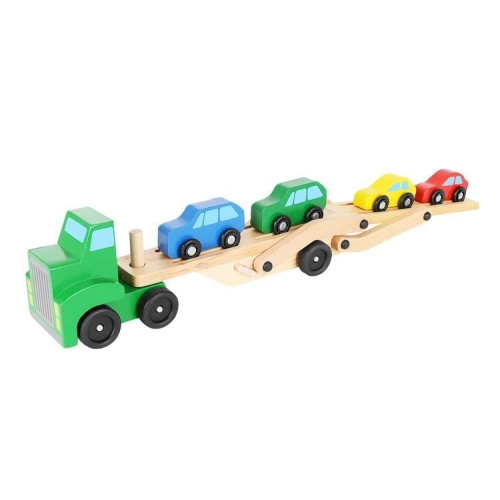 Drevený ťahač s návesom na prepravu áut - 32 cm