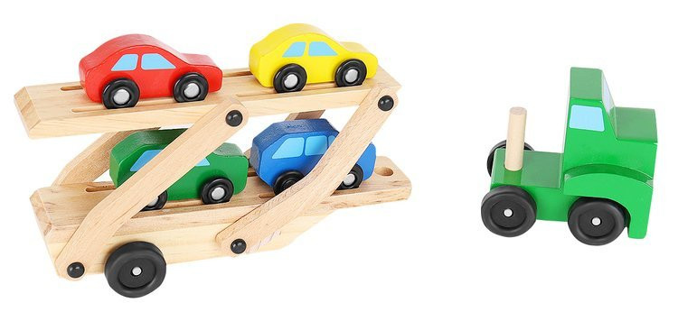 Drevený ťahač s návesom na prepravu áut - 32 cm