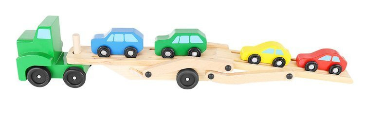 Drevený ťahač s návesom na prepravu áut - 32 cm