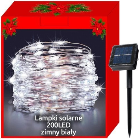Solární LED světelný řetěz - 200 LED, studený bílý