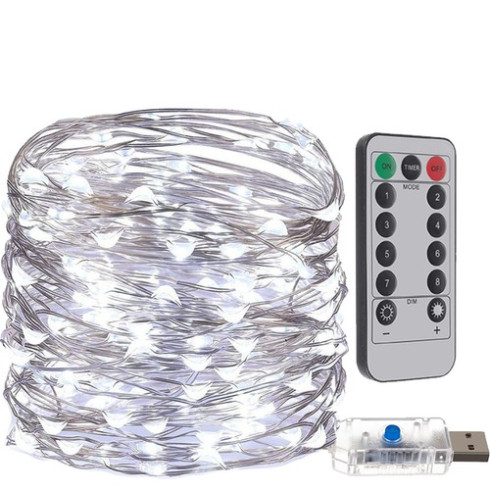 Světelný řetěz 300 LED s dálkovým ovládáním, studený bílý 30m