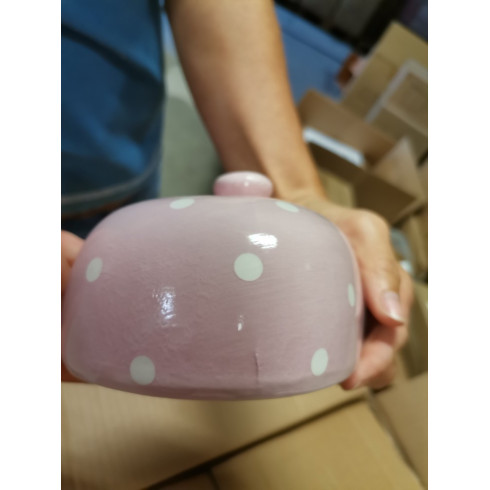 Keramická maselnička - ružová s bodkami 9×20,5 cm