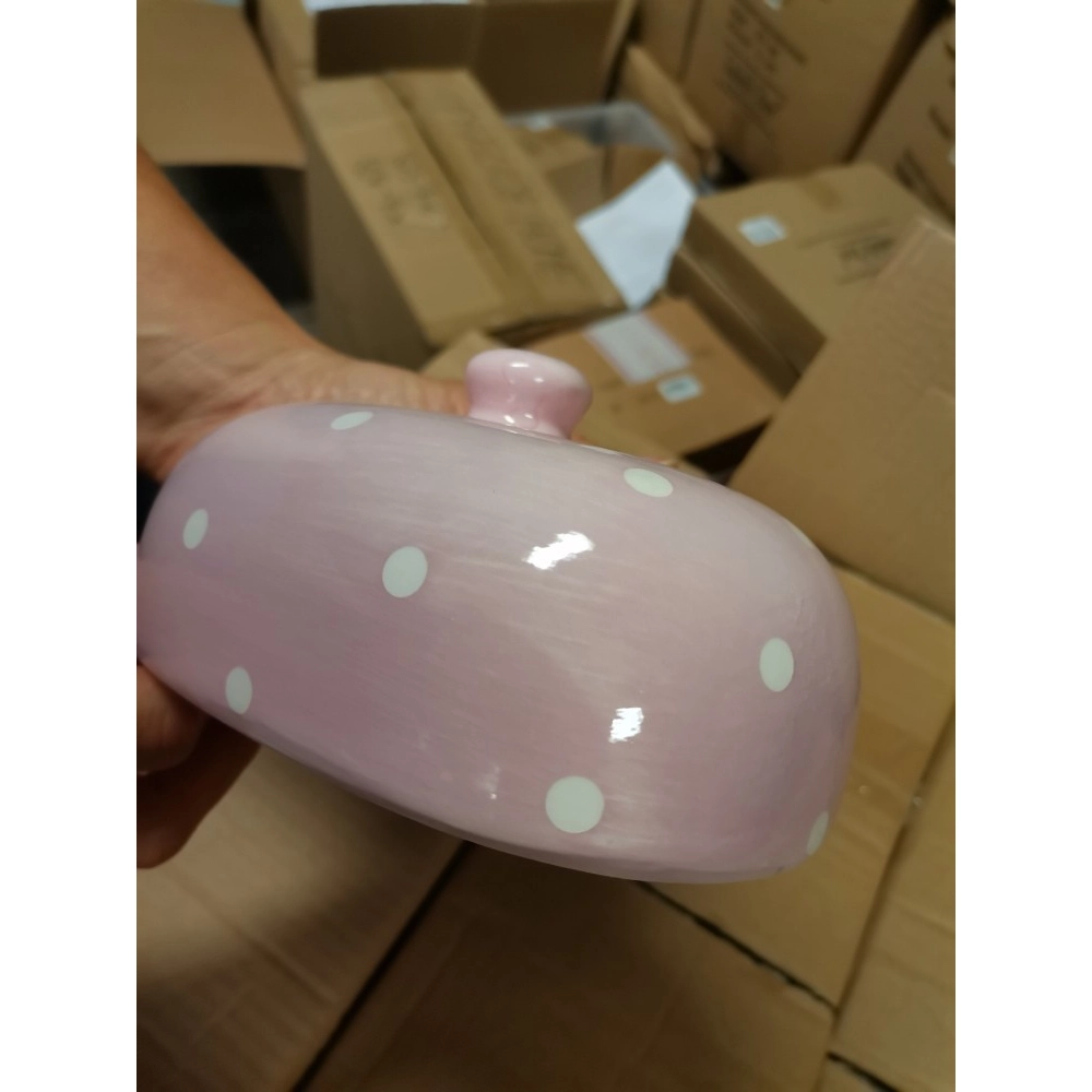 Keramická maselnička - ružová s bodkami 9×20,5 cm