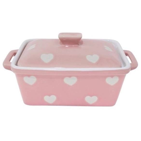 Keramická maselnička / zapekacia miska s pokrievkou - ružová so srdiečkami