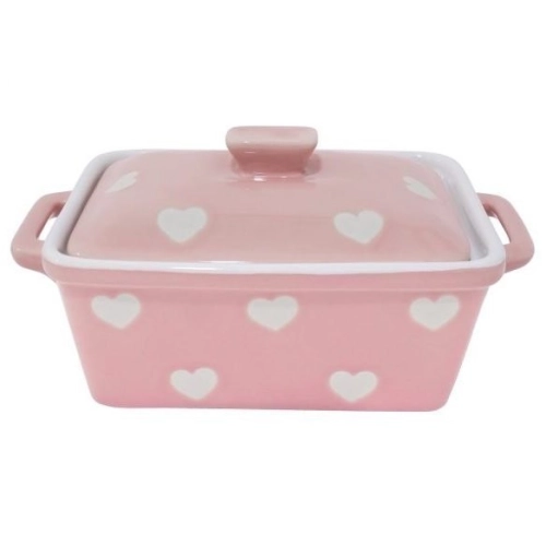 Keramická maselnička / zapekacia miska s pokrievkou - ružová so srdiečkami
