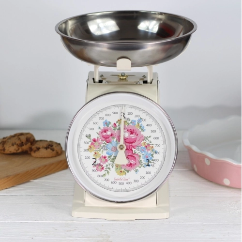 Retro kuchynská váha s ružami - krémová