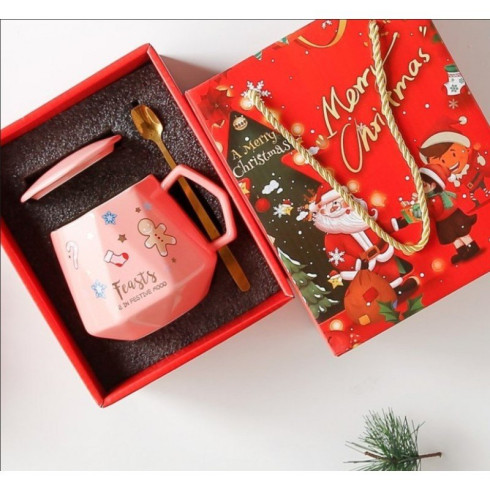 Vianočný hrnček - sada s vrchnákom a lyžičkou 225 ml, ružový