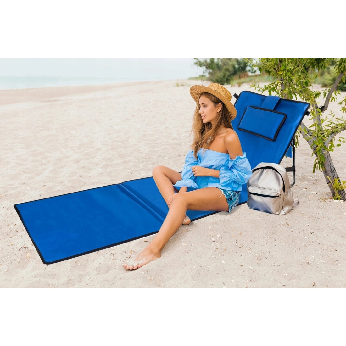 Plážová podložka s opierkou + vankúš150 x 50 cm - modrá