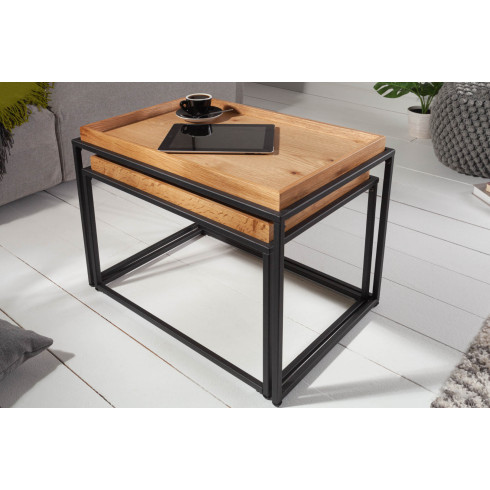 Drevený konferenčný stolík s táckou - masív dub, set 2 ks