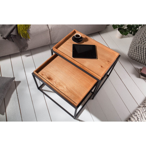 Drevený konferenčný stolík s táckou - masív dub, set 2 ks