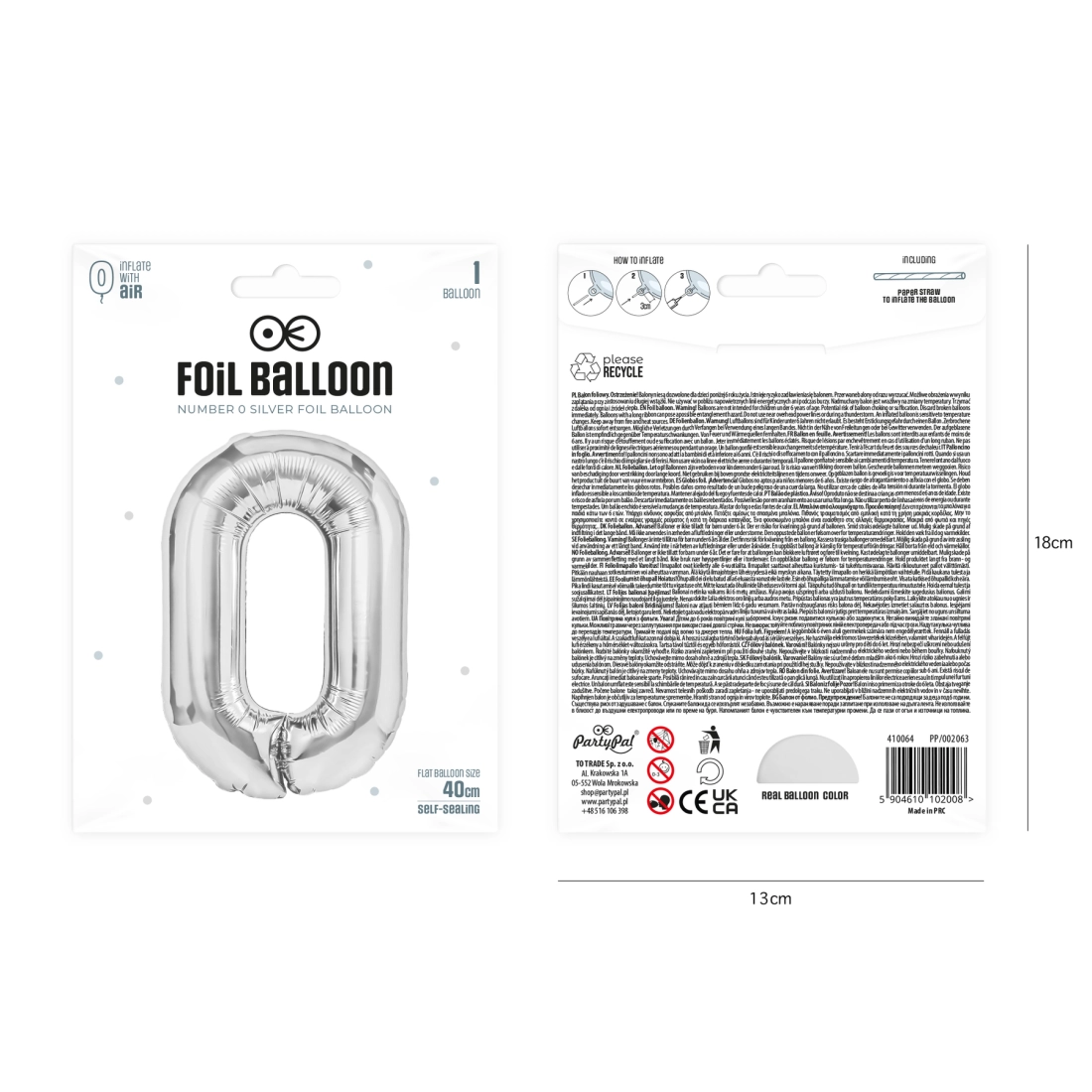 Balon folie cifră aniversară 0, argintiu, 40 cm