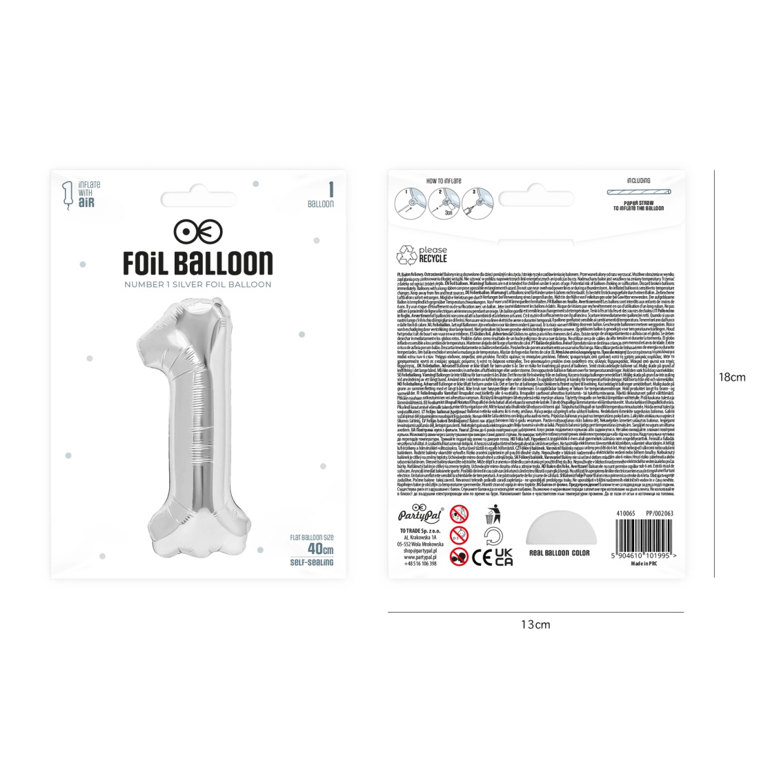 Fólia lufi születésnapi szám 1, ezüst, 40 cm
