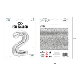 Folijski rojstnodnevni balon številka 2, srebrn, 40 cm