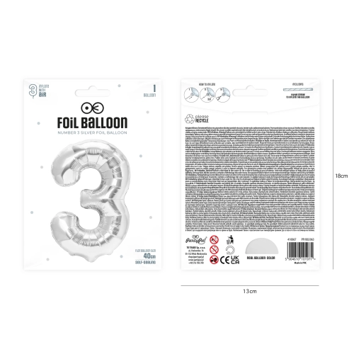 Folijski balon rojstnodnevna številka 3 srebrna 40 cm