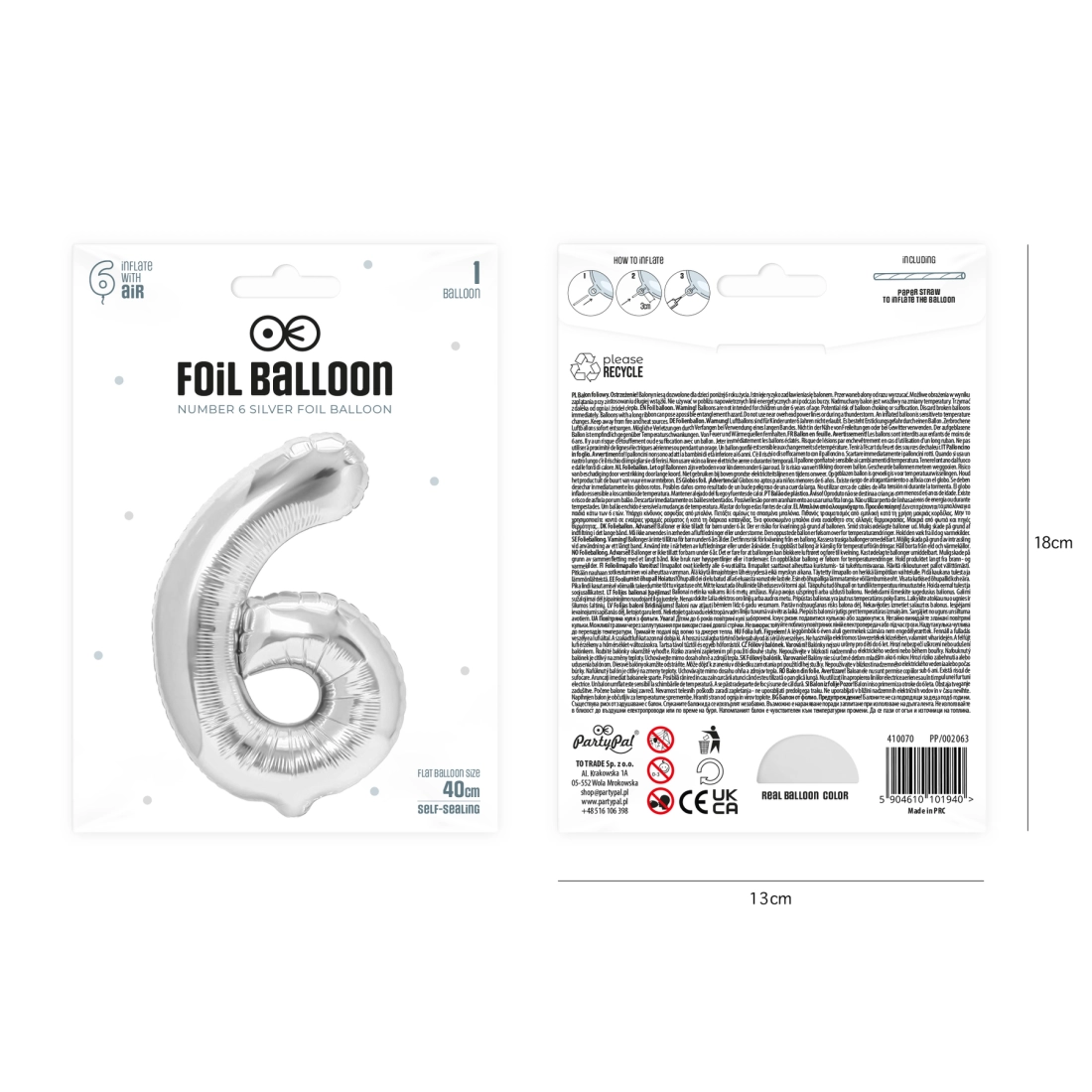 Ezüst fólia léggömb születésnapi szám 6, 40 cm