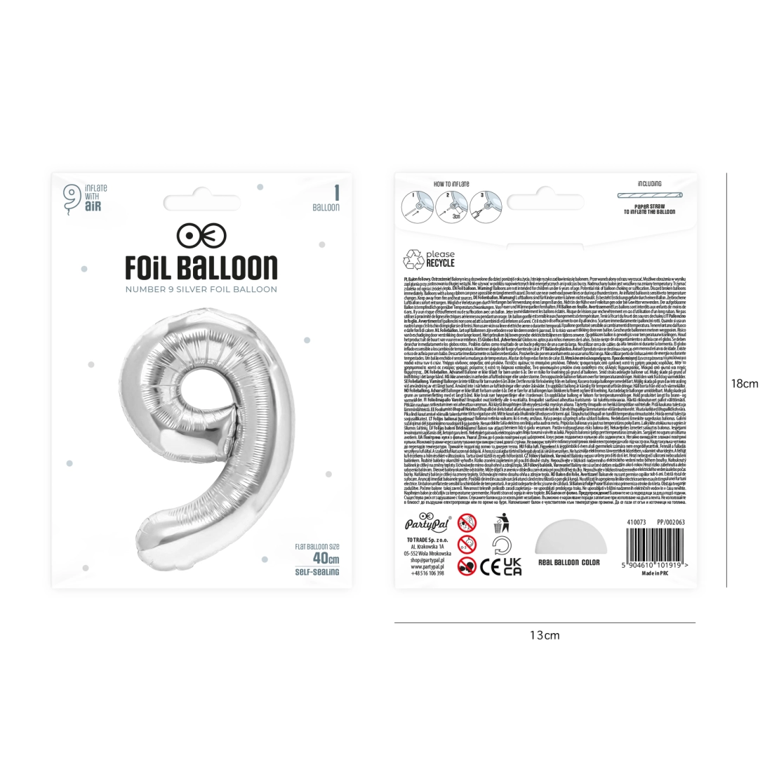 Fólia lufiszám 9, ezüst, 40 cm, születésnapra