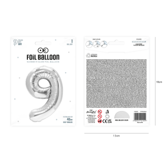 Foliasti balon za rojstni dan številka 9, srebrn, 40 cm