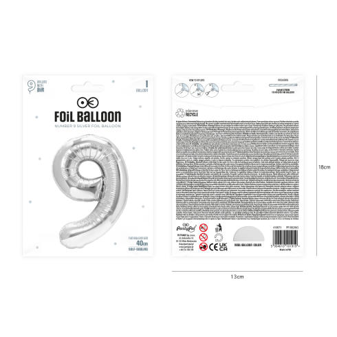 Balónik fóliový narodeninové číslo 9 strieborný 40cm Balónik fóliový narodeninové číslo 9 strieborný 40cm