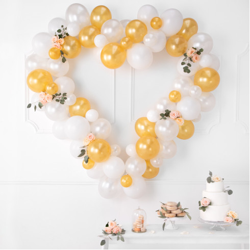 Szív alakú ballon girland, fehér–arany, 160 cm-es vázzal