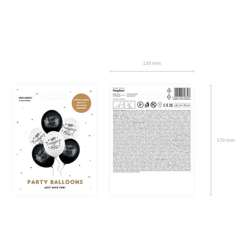 Happy Birthday lufik 30 cm – fekete-fehér, vegyes, 6 db