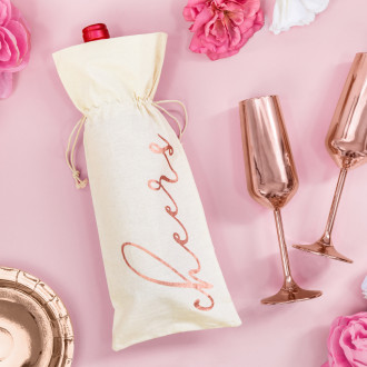 Bombažna darilna vrečka za vino Cheers, rožnato-zlat napis, 15,5 × 36 cm, 5 kosov