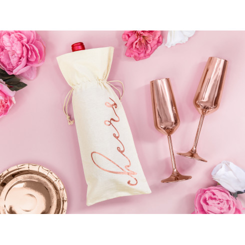 Bombažna darilna vrečka za vino Cheers, rožnato-zlat napis, 15,5 × 36 cm, 5 kosov