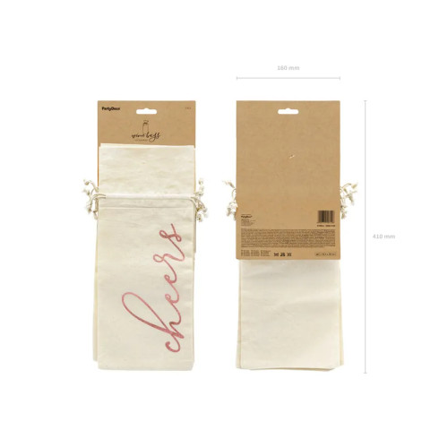 Bombažna darilna vrečka za vino Cheers, rožnato-zlat napis, 15,5 × 36 cm, 5 kosov