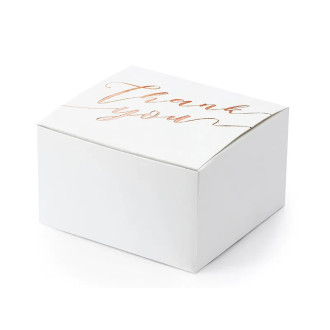 Fehér ajándékdobozok rózsaarany „Thank you” felirattal, 10 db, 6×3,5×5,5 cm