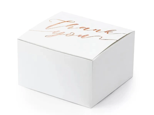Cutii cadou albe cu inscripție rose-gold „Thank you”, 10 buc., 6 × 3,5 × 5,5 cm