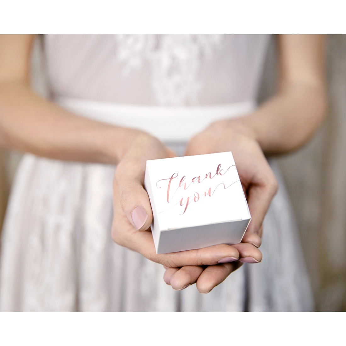 Fehér ajándékdobozok rózsaarany „Thank you” felirattal, 10 db, 6×3,5×5,5 cm