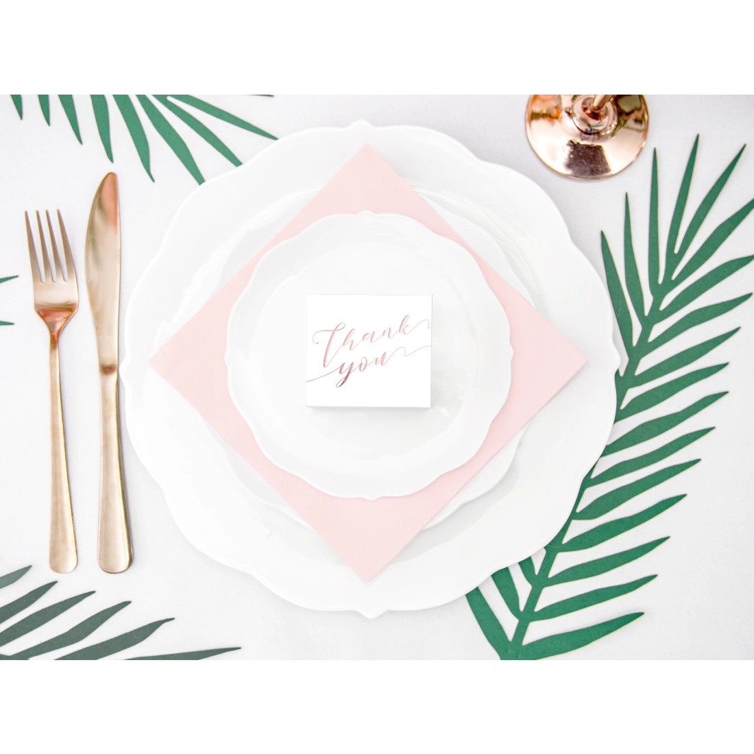 Fehér ajándékdobozok rózsaarany „Thank you” felirattal, 10 db, 6×3,5×5,5 cm