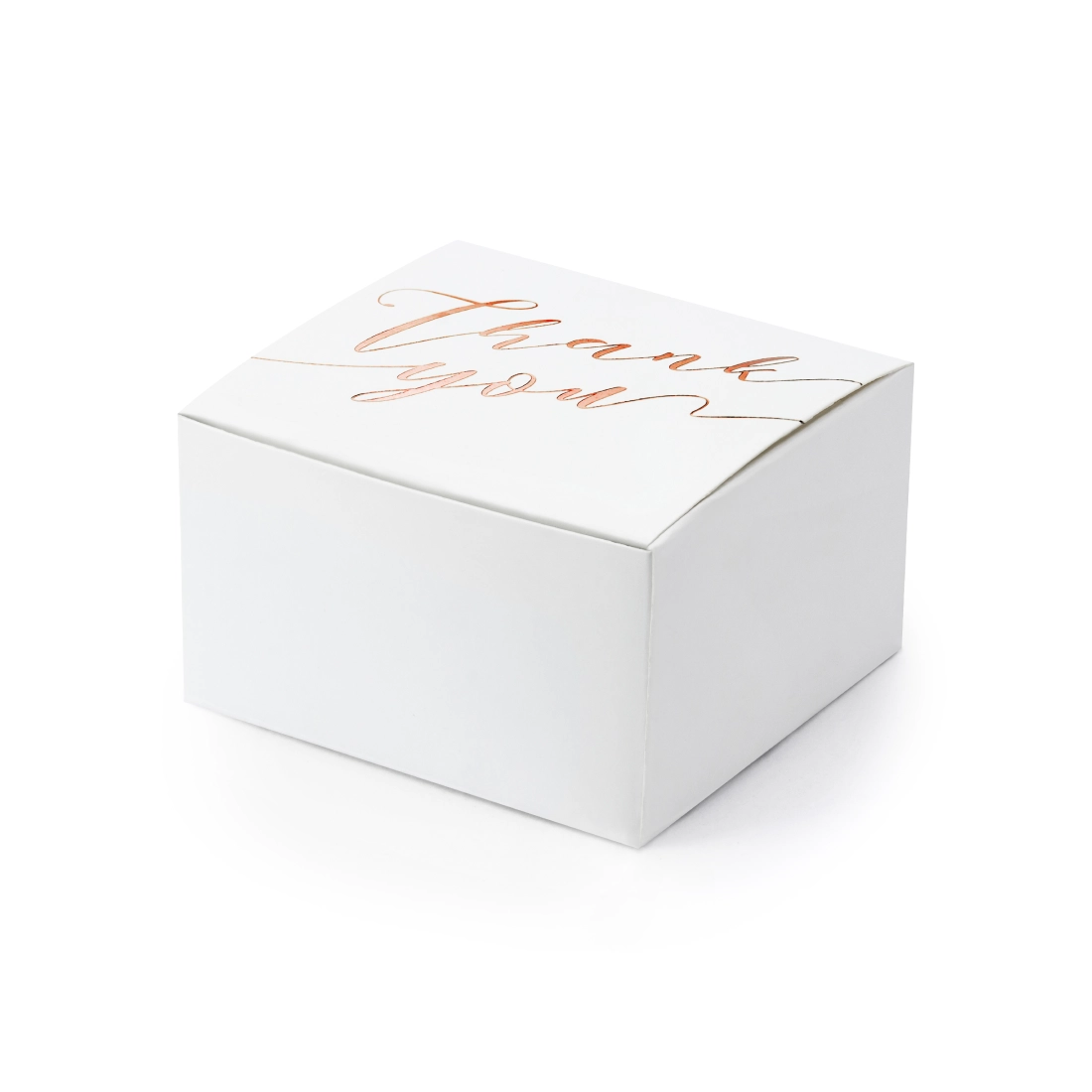 Fehér ajándékdobozok rózsaarany „Thank you” felirattal, 10 db, 6×3,5×5,5 cm