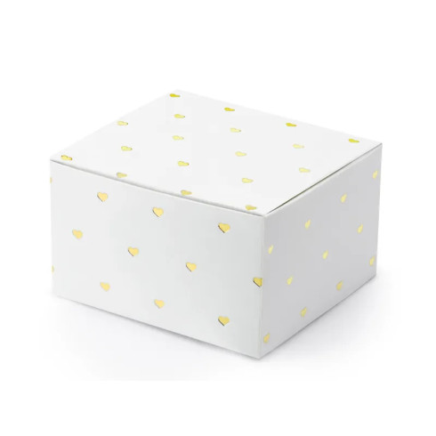 Fehér ajándékdobozok arany szívecskékkel 6x3,5x5,5 cm – 10 db