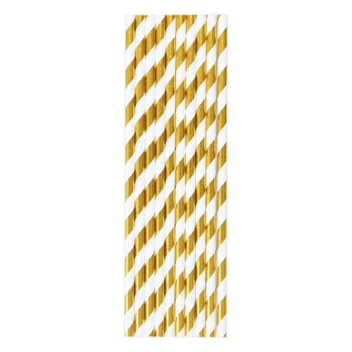 Bílé papírové brčka se zlatými proužky – 10 ks