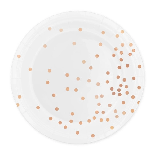 Fehér papírtányér rózsaarany pöttyökkel, 18 cm, 6 db
