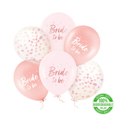 Biologicky rozložiteľné balóny Bride to be ružové zlato s konfetami 30 cm – sada 6 ks