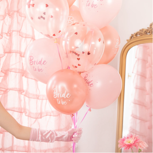 Biológiailag lebomló “Bride to be” lufik rózsaarany konfettivel, 30 cm – 6 darabos készlet Biológiailag lebomló “Bride to be” lufik rózsaarany konfettivel, 30 cm – 6 darabos készlet