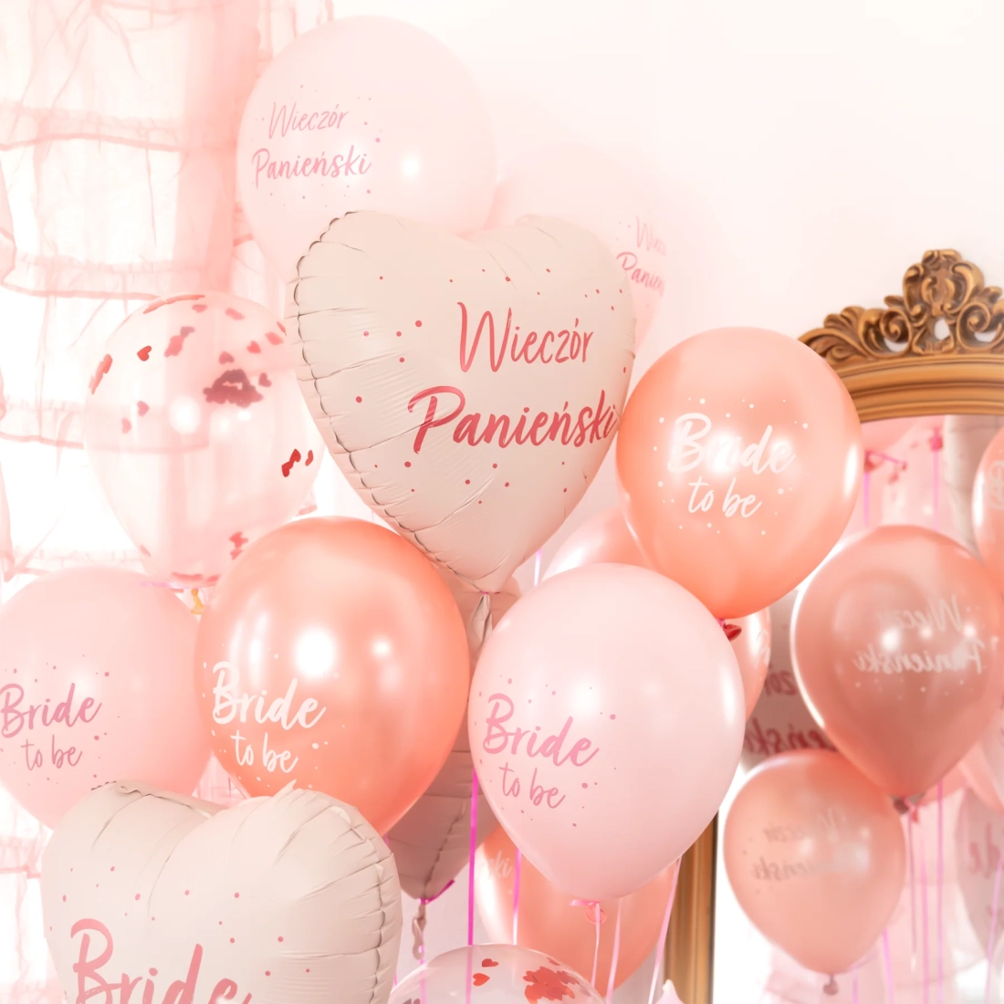 Baloane biodegradabile „Bride to be” rozé cu confetti 30 cm – set 6 buc.