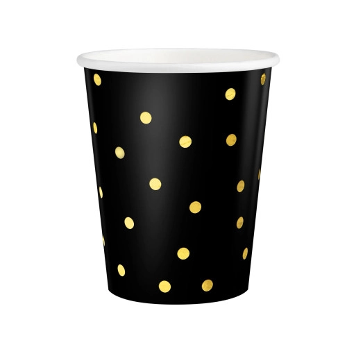 Pahare din hârtie negre cu buline aurii 220 ml, set de 6 bucăți