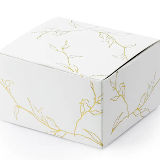 Ajándékdobozok fehér színben arany ágacskákkal, 6×3,5×5,5 cm – 10 db