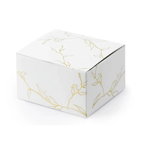 Cutiuțe cadou albe cu crenguțe aurii 6×3,5×5,5 cm – 10 buc.
