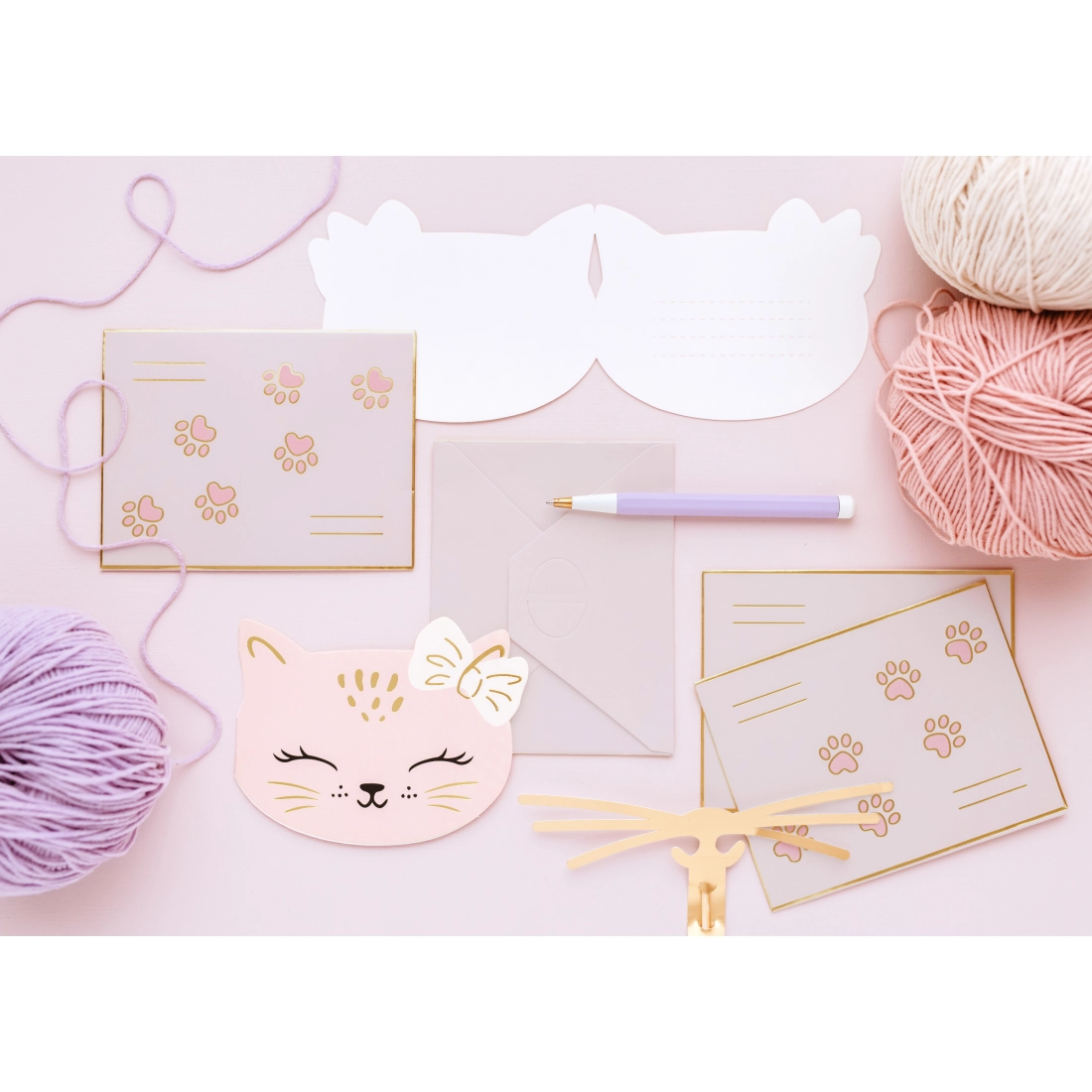 Invitații pentru copii Pisicuță roz, cu plicuri, 13x10 cm, set de 6 bucăți