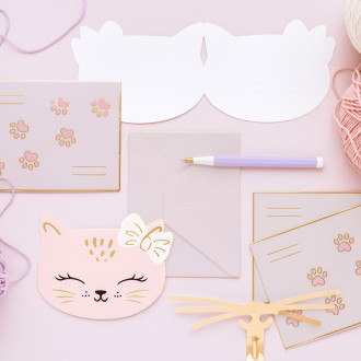 Otroška vabila Mačica rožnata z ovojnicami, 13x10 cm, 6 kosov v pakiranju