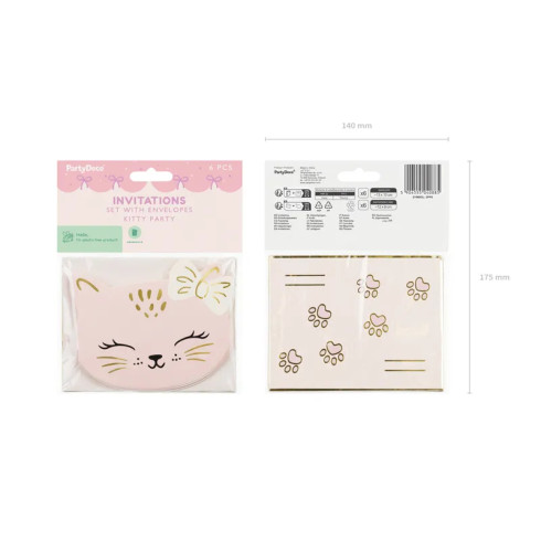 Otroška vabila Mačica rožnata z ovojnicami, 13x10 cm, 6 kosov v pakiranju