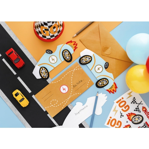 Gyerek meghívók autó formában, színmix, 18,8x8,4 cm, 6 db borítékkal