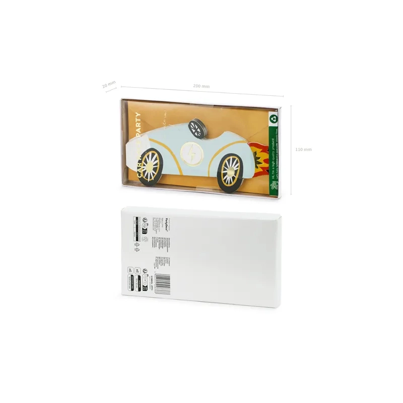 Invitații pentru copii în formă de mașină, mix de culori, 18,8x8,4 cm, 6 bucăți cu plicuri