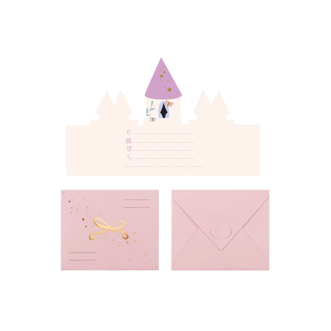 Invitații pentru copii Castel roz, 12,5x15,5 cm, 6 bucăți cu plicuri
