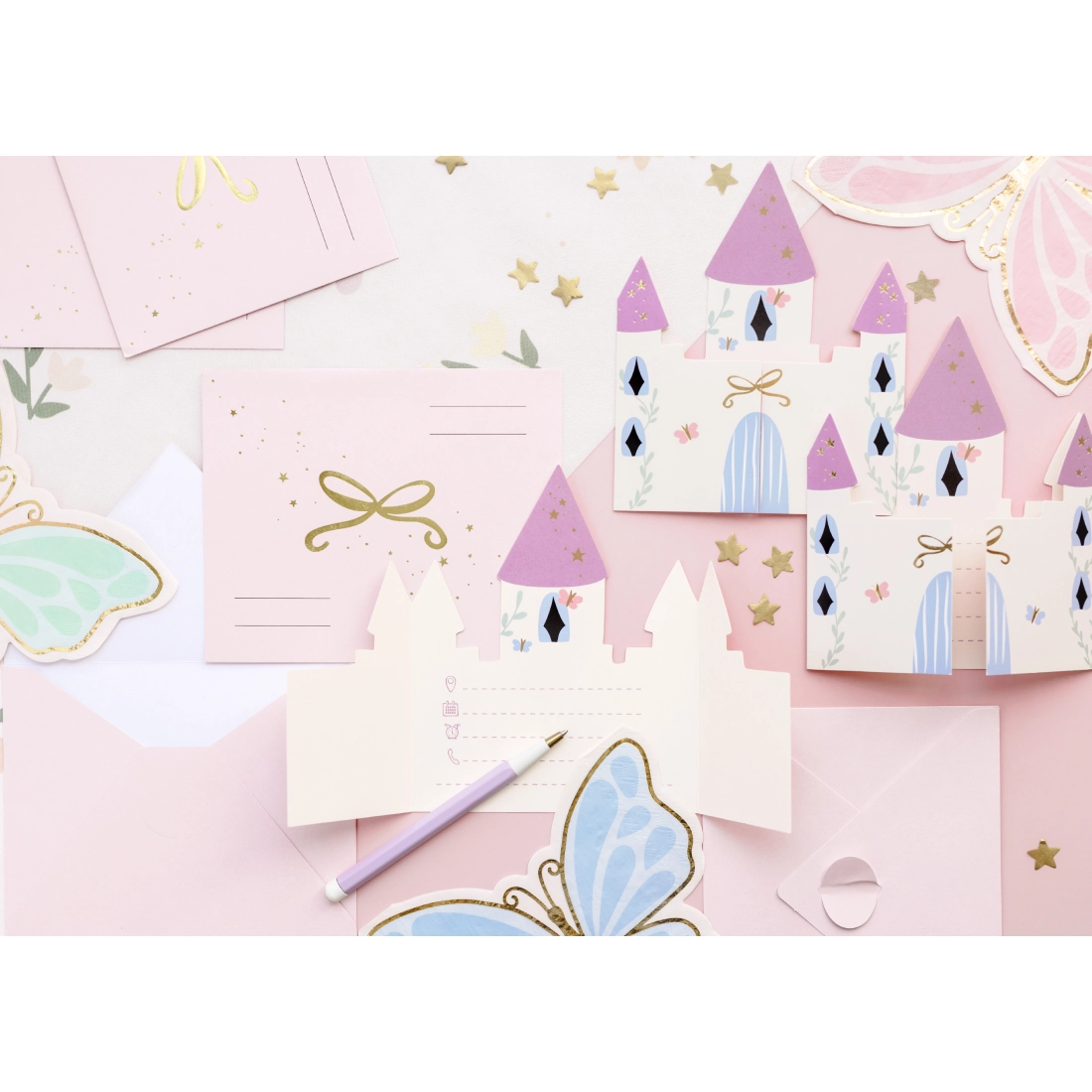 Invitații pentru copii Castel roz, 12,5x15,5 cm, 6 bucăți cu plicuri