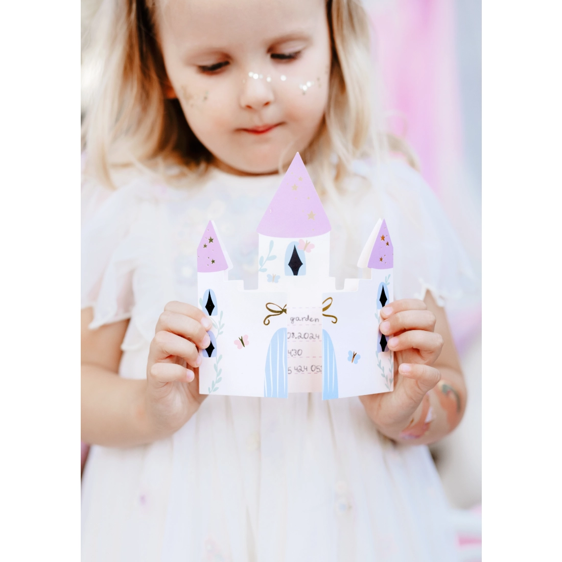 Invitații pentru copii Castel roz, 12,5x15,5 cm, 6 bucăți cu plicuri
