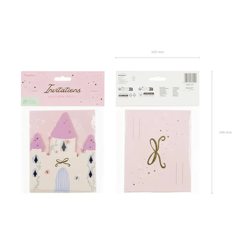 Invitații pentru copii Castel roz, 12,5x15,5 cm, 6 bucăți cu plicuri